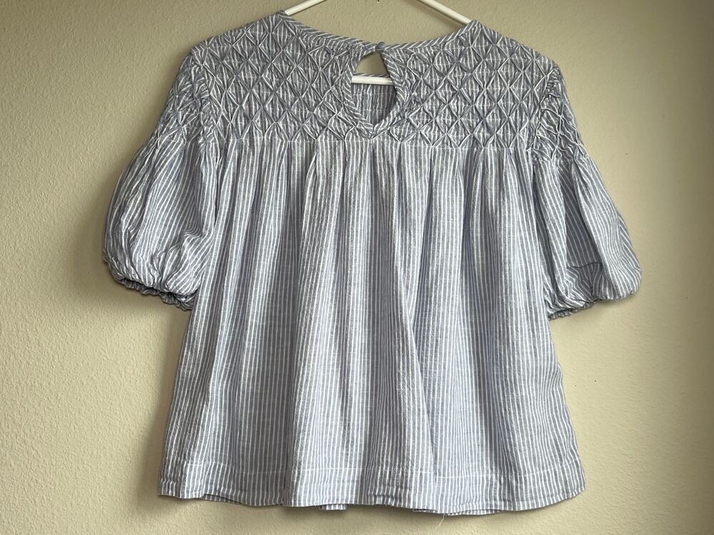 By Anthropologie Womens XXS Blue Striped Liza Linen Smocked Yoke Puff Sleeve Top